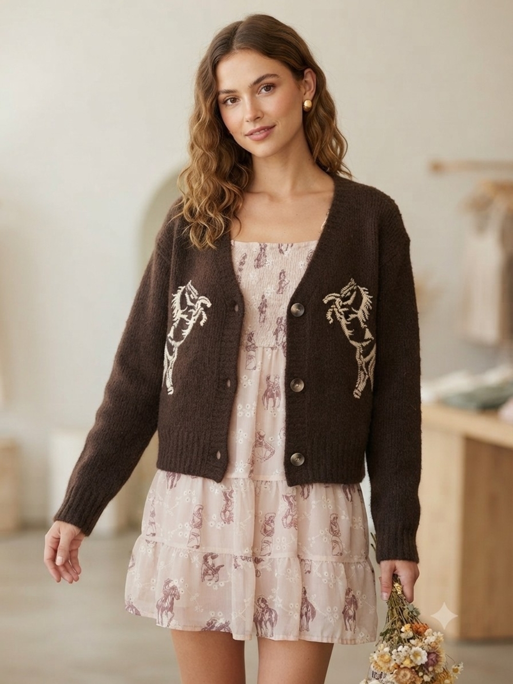 RARE Curated Bundle "Giddy-up" Rockin C Dress & Threaded Leaf Horse Cardigan S/M
